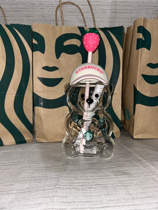 Starbucks Other - Starbucks Clear Bear Tumbler with Pink Strawberry Topper